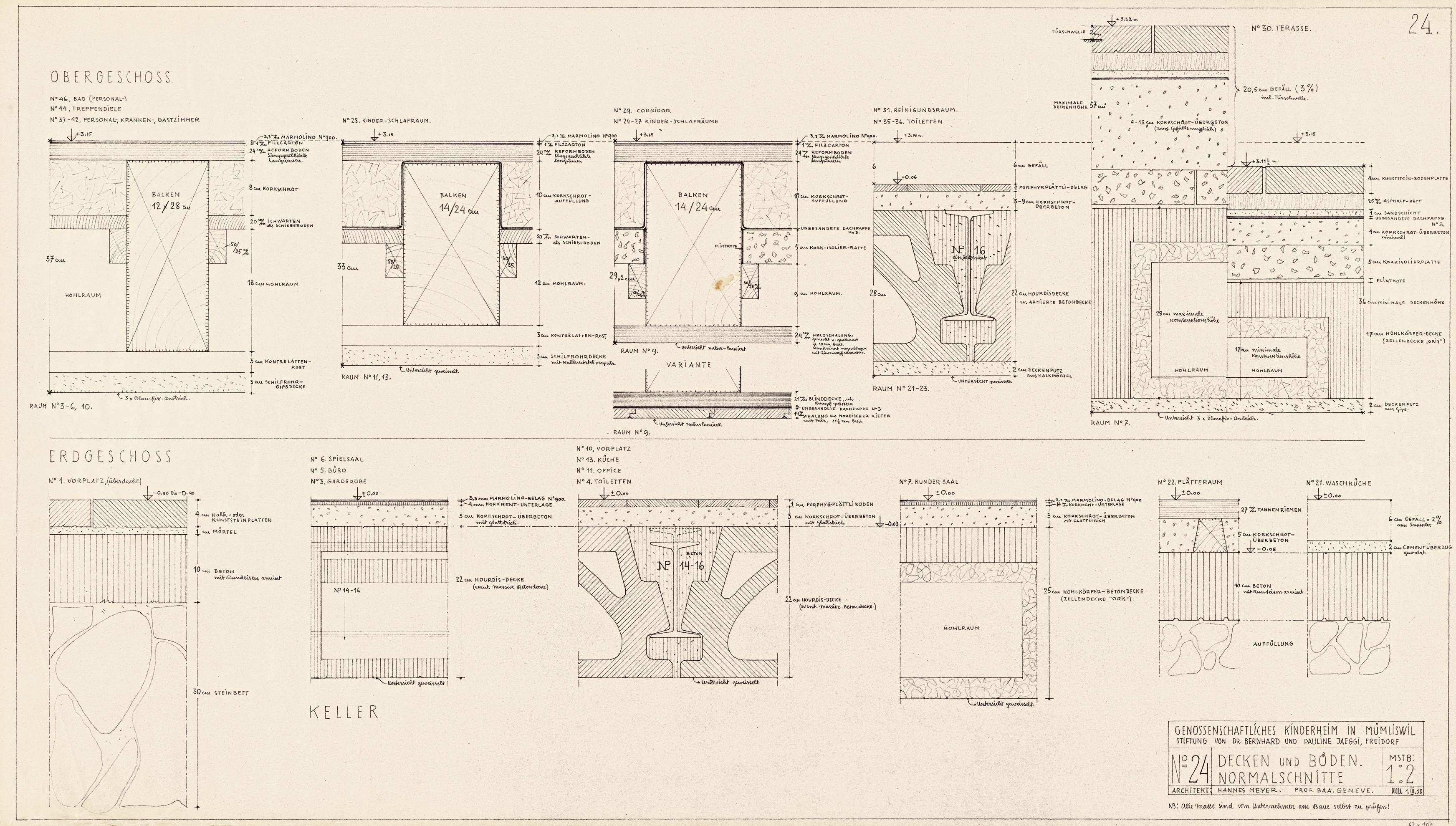 Kapitel «Katalog», Hannes Meyer, Schnitte Decke, Böden, 1.3.1938, Genossenschaftliches Kinderheim Mümliswil (Bauzeit: 1937 1939). Papierformat: 107,2 x 61,2 cm, Zeichnungsformat: 105,2 x 59,6 cm, Zeichentechnik: Heliografie. (Bild: gta Archiv, ETH Zürich,
