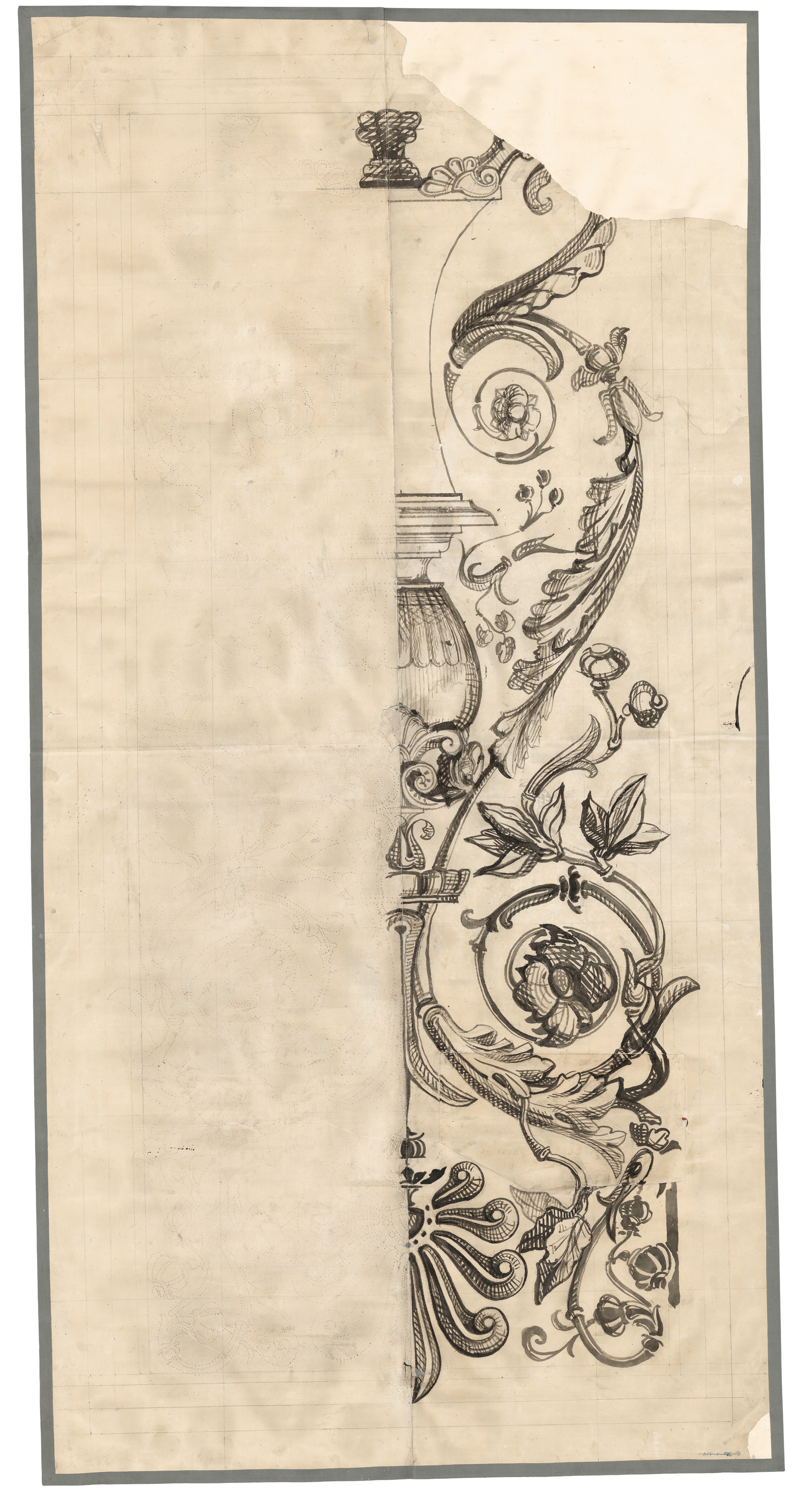 Kapitel «Hilfsmittel», Gottfried Semper, Durchstichvorlage Fassadensgraffito, Sternwarte der ETH, Zürich (Bauzeit 1861-1864). Papierformat: 109.4 x 215 cm; Zeichentechnik: mit Wasser verdünnte Tusche auf Papier, gefaltet und durchgestochen. Planinhalt: Du