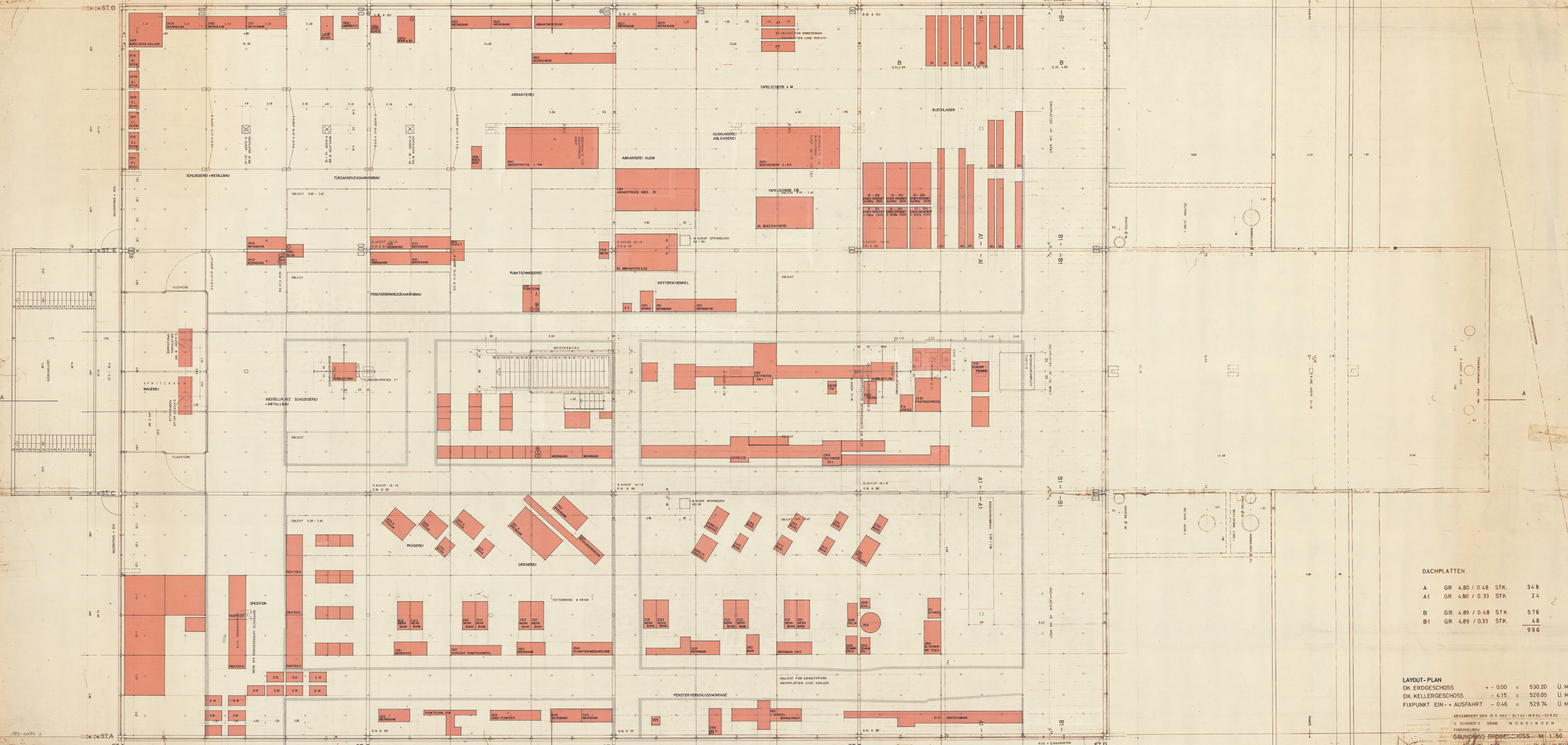 Kapitel «Benutzer», Bruno und Fritz Haller. Grundriss: Layout Plan für Produktionsmaschinen, Fabrikneubau U. Schärer s Söhne, Münsingen, 1961 (Baujahr: 1964). Papierformat: 187,1 x 89,6 cm, Zeichentechnik: Heliografie auf Transparentpapier, Tusche, Schabl