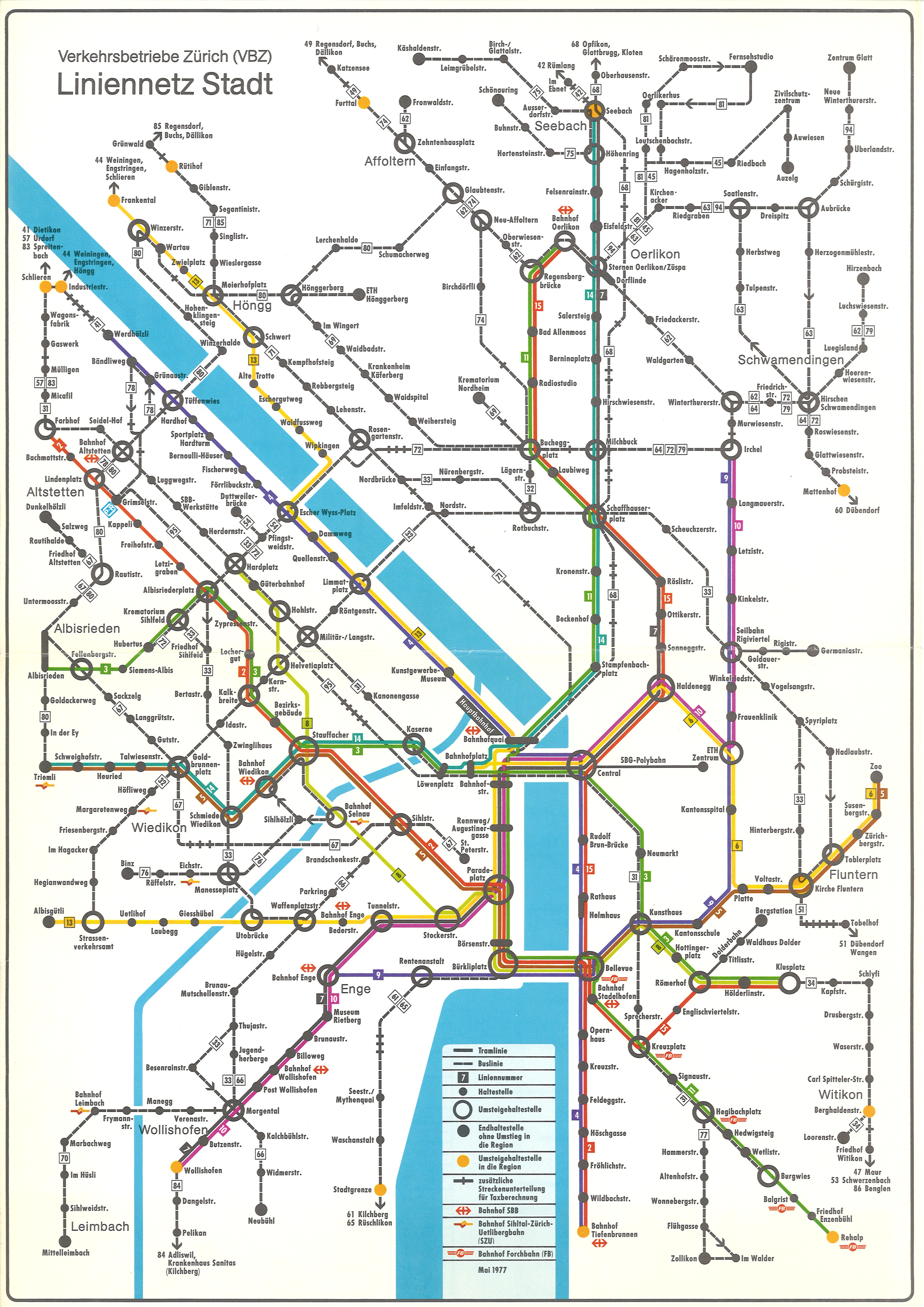 Linienplan der Stadt Zürich im Jahr 1977