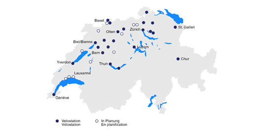 Karte aller bestehenden und geplanten Velostationen in der Schweiz.