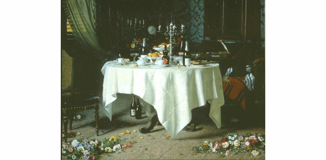 Gemälde eines leergegessenen Tischs von Angelo Morbelli (Alessandria, 1853 Milano, 1919). Öl auf Leinwand, 159 x 199.5 cm. Fondazione Guido ed Ettore De Fornaris