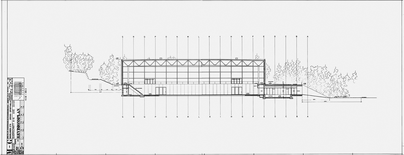 Max Schlup, Grosssporthalle Magglingen, 1970-76: Revisionsplan Querschnitt, Juni 1976. (Plan: Projektverfasser)