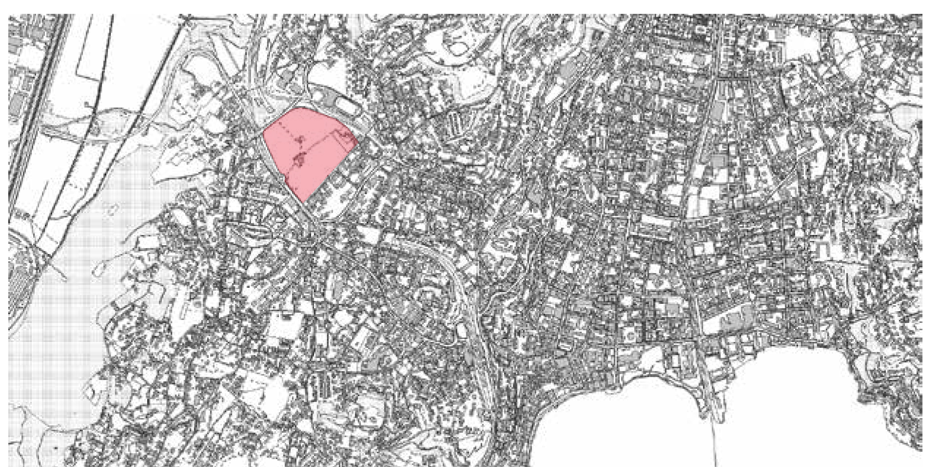 La collocazione del Pian Povrò nel tessuto urbano del luganese. (Fonte: mappa catastale Sitmap.ch)