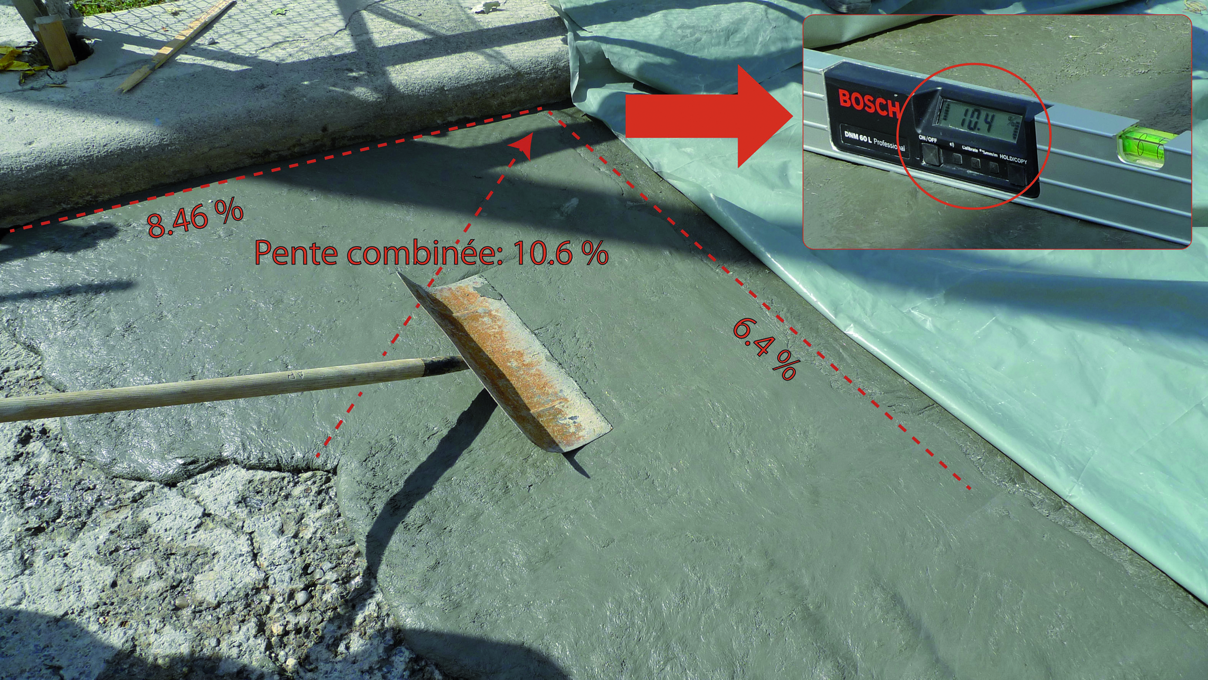 Lissage du BFUP à l’aide de la pelle à neige, pont sur le ruisseau des Farettes 1, pentes combinées 10,4?%