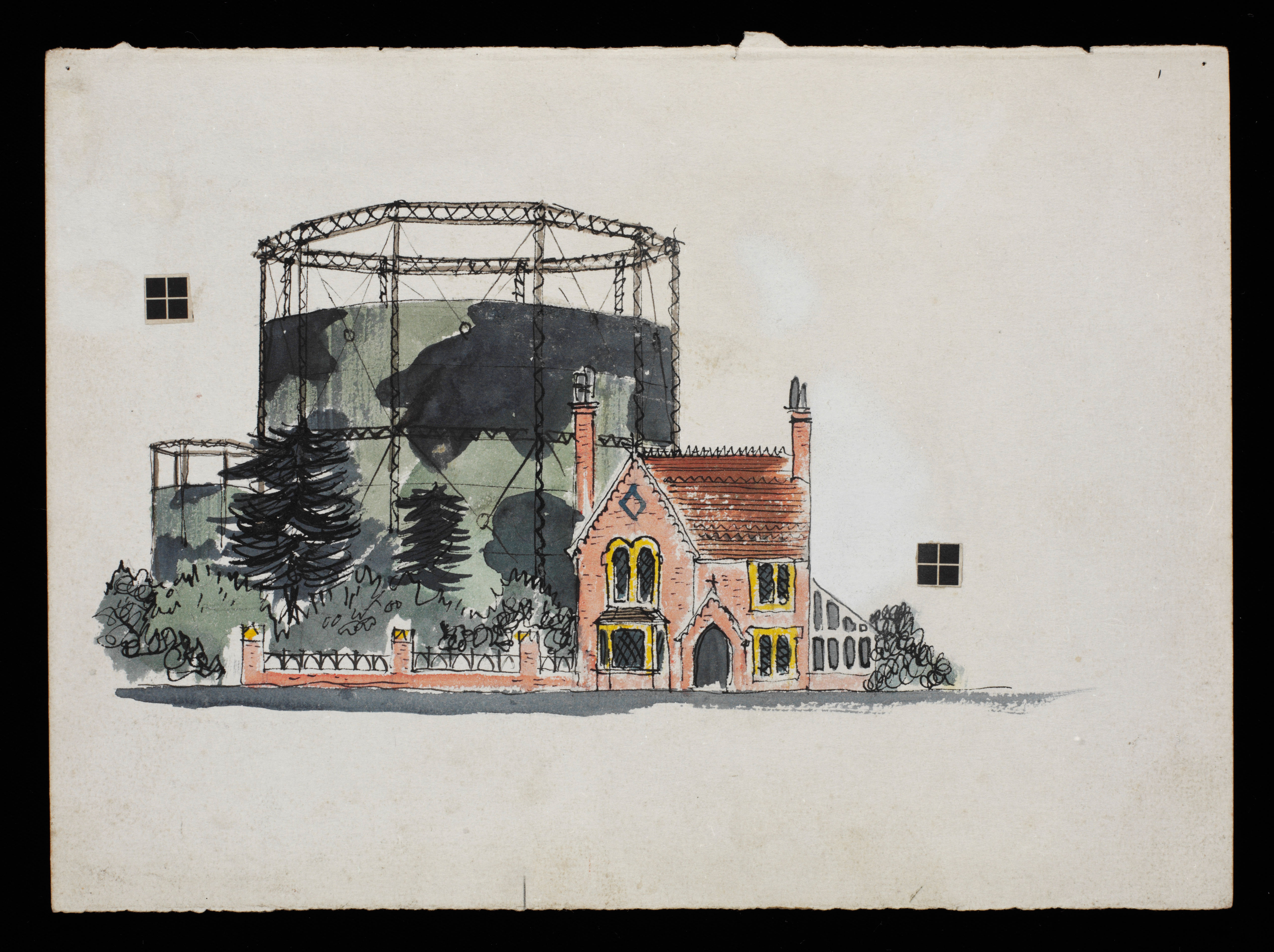 Hugh Casson, Gazomètre camouflé et cottage, perspective, 1944 (Victoria &amp; Albert Museum, Londres, Archives of Sir Hugh Casson and Margaret MacDonald Casson, don des filles de Hugh Casson)