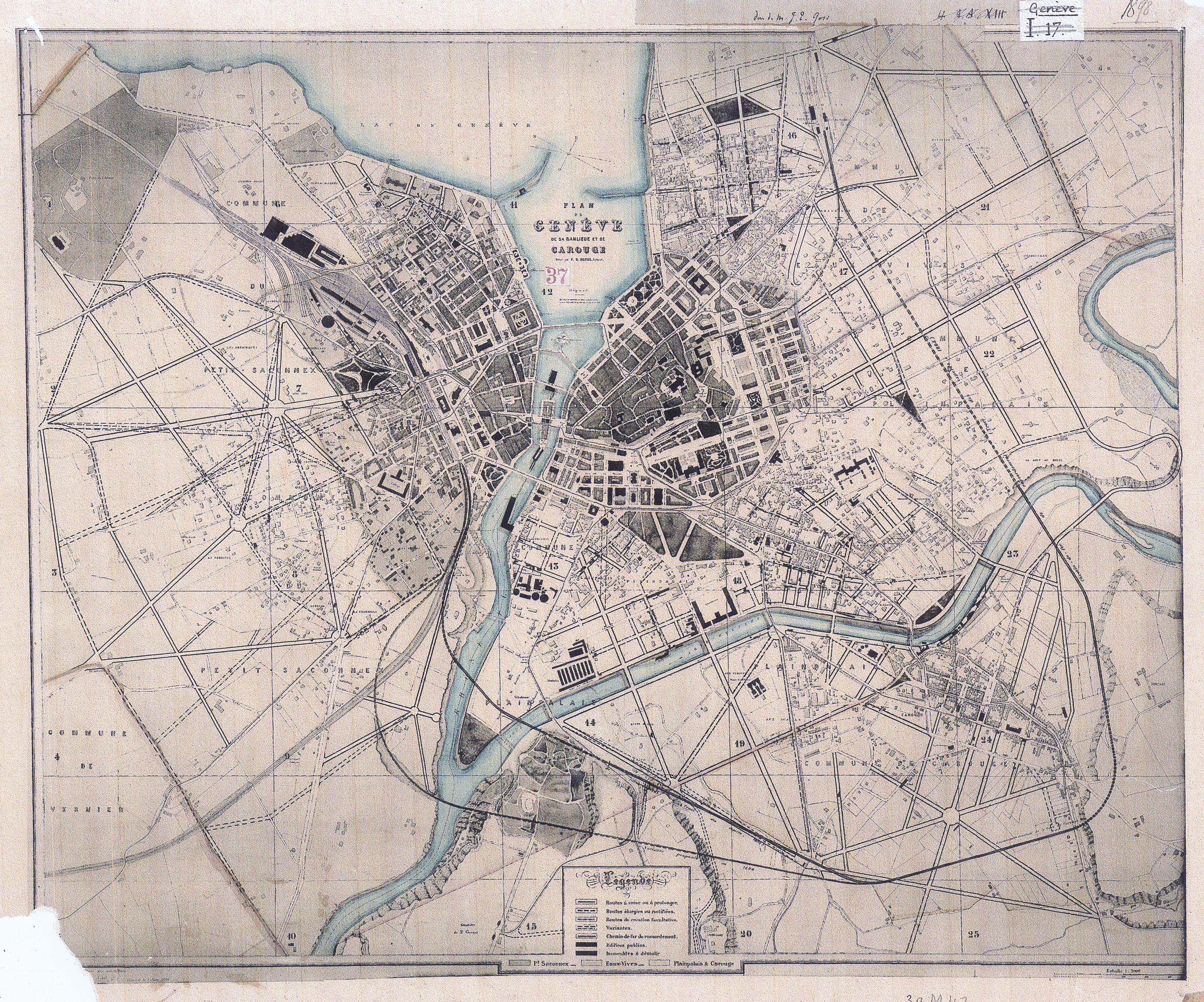 «?Plan d’extension des voies de communication, de la Ville et des communes de Carouge, Eaux-Vives, Plainpalais et Petit-Saconnex?», Jacques-Edouard Goss, architecte et Henry Veyrassat, ingénieur, 1898, échelle 1:3000,
