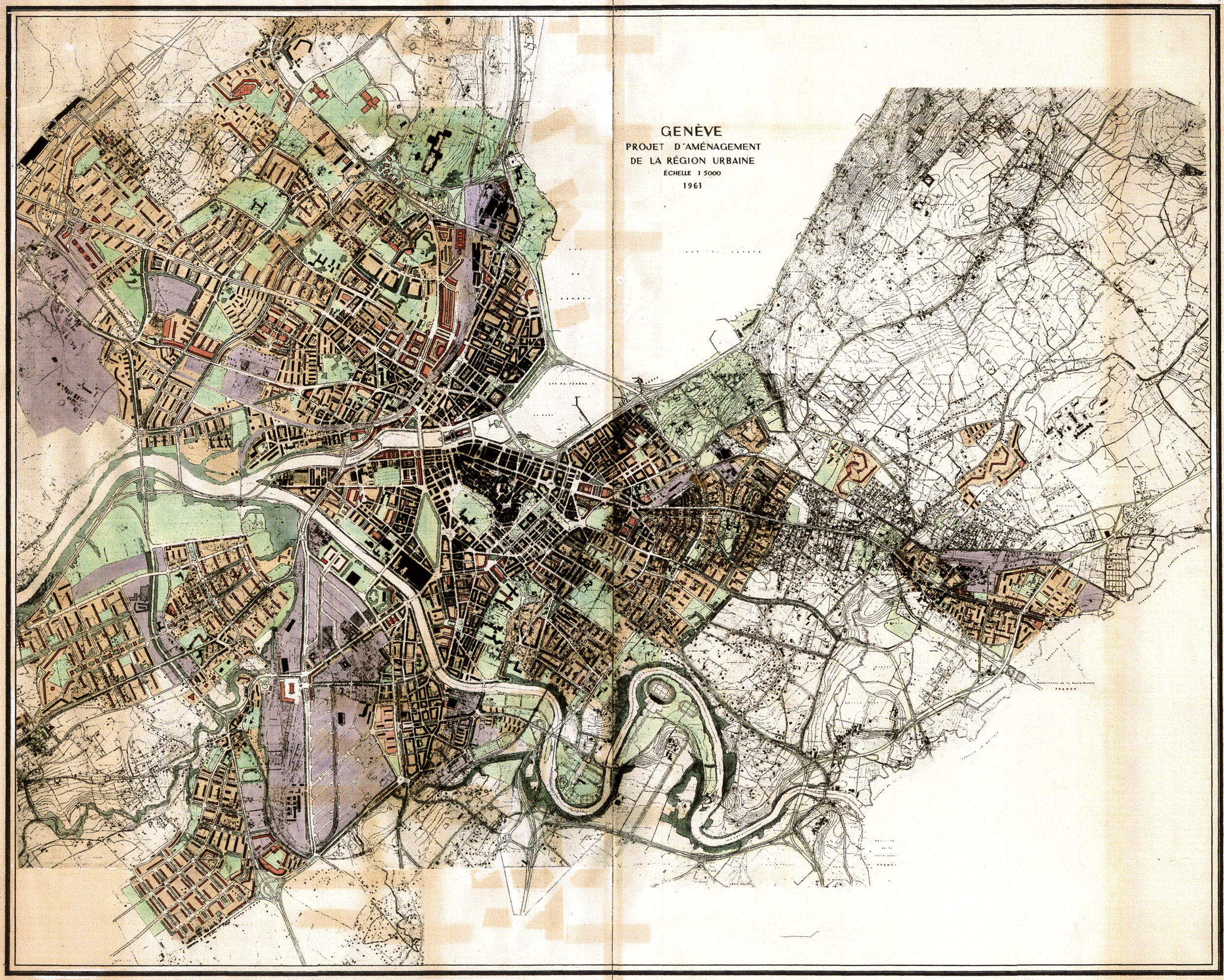 «?Projet d’aménagement de la région urbaine?», Service d’urbanisme du DTP, 1961, original rehaussé de couleur, échelle 1:5000,