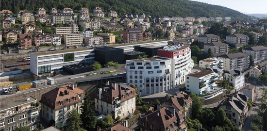 Vue aérienne du quartier Ecoparc, nouveau pôle dense et mixte réalisé sur une ancienne friche ferroviaire à Neuchâtel