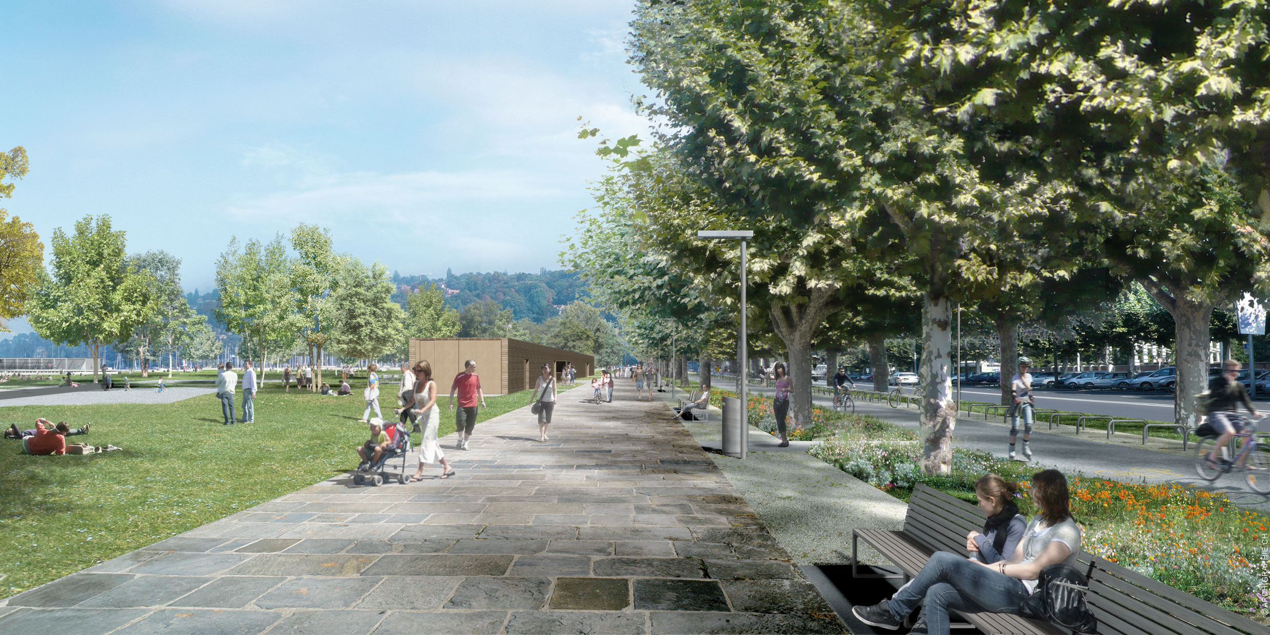 Photomontage du projet, promenade publique le long des bains des Eaux-Vives