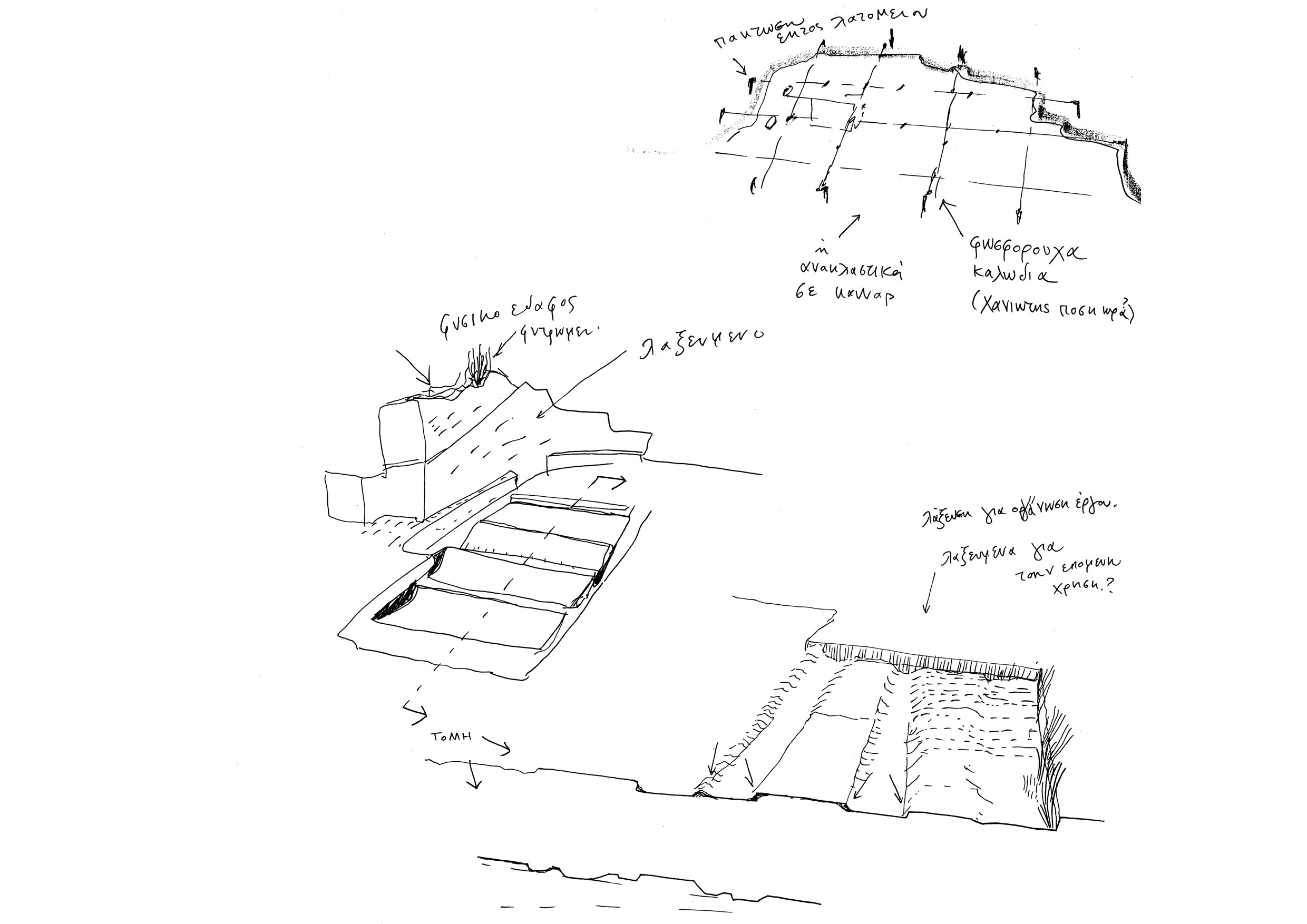 Croquis d’Aspasia Kouzoupi détaillant la méthode d’extraction de la pierre