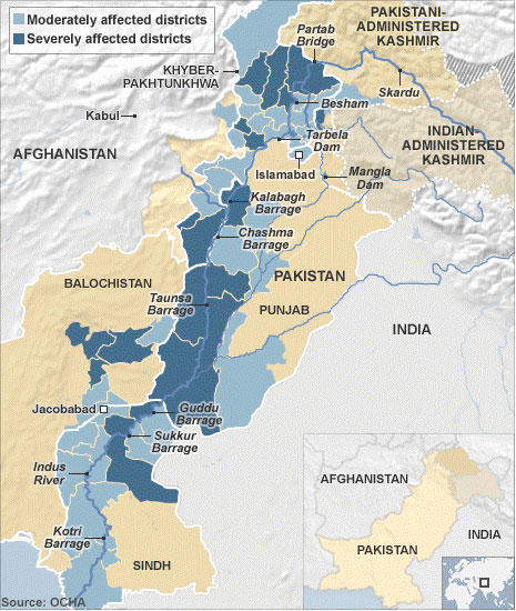 Carte des inondations au Pakistan en 2010 avec mention des principaux ouvrages hydrauliques