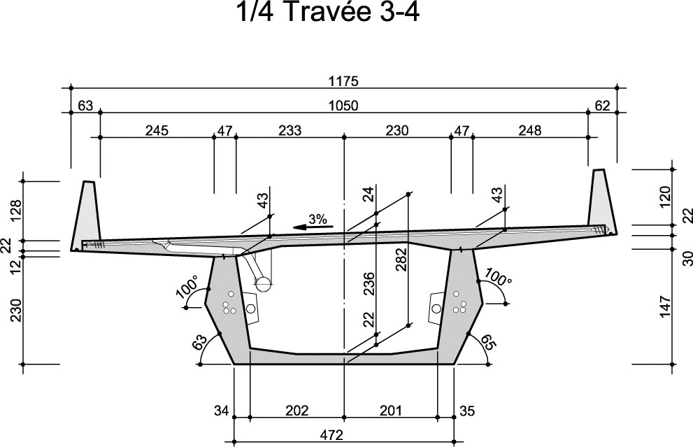 Coupes en travers au quart de la travée 3-4