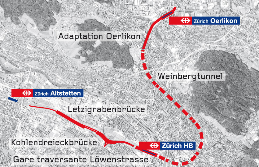 Tracé de la Durchmesserlinie. La ligne pourra être parcourue à une vitesse de 120 km/h par les trains.