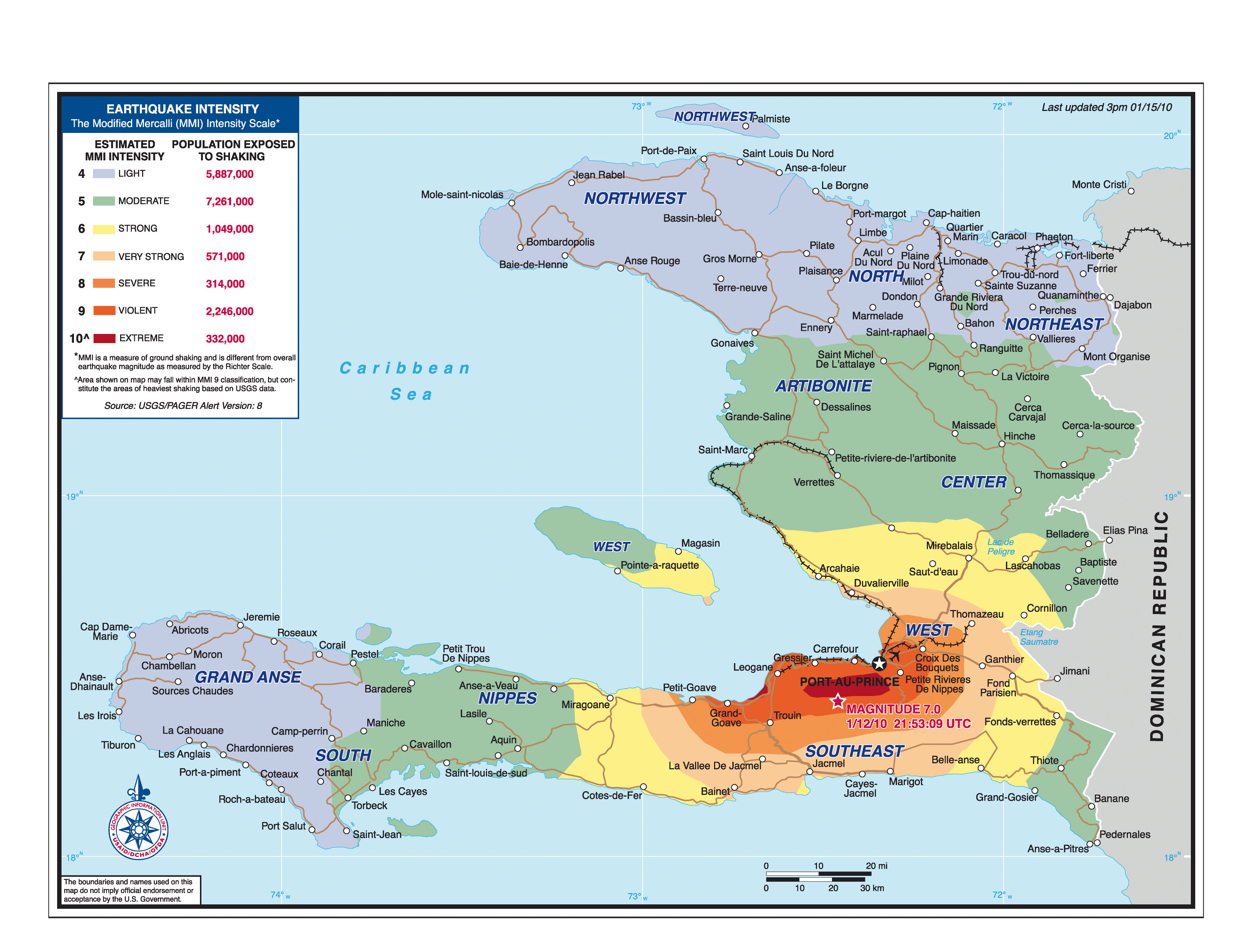 Carte de l’intensité sismique en Haïti (Wikimedia commons)
