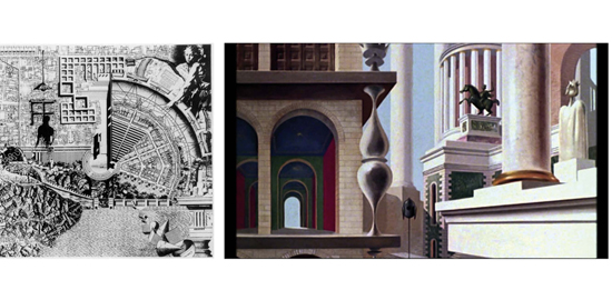 De gauche à droite: Aldo Rossi, La Città Analoga, 1976 / Paul Grimault, Le Roi et l'Oiseau, 1979