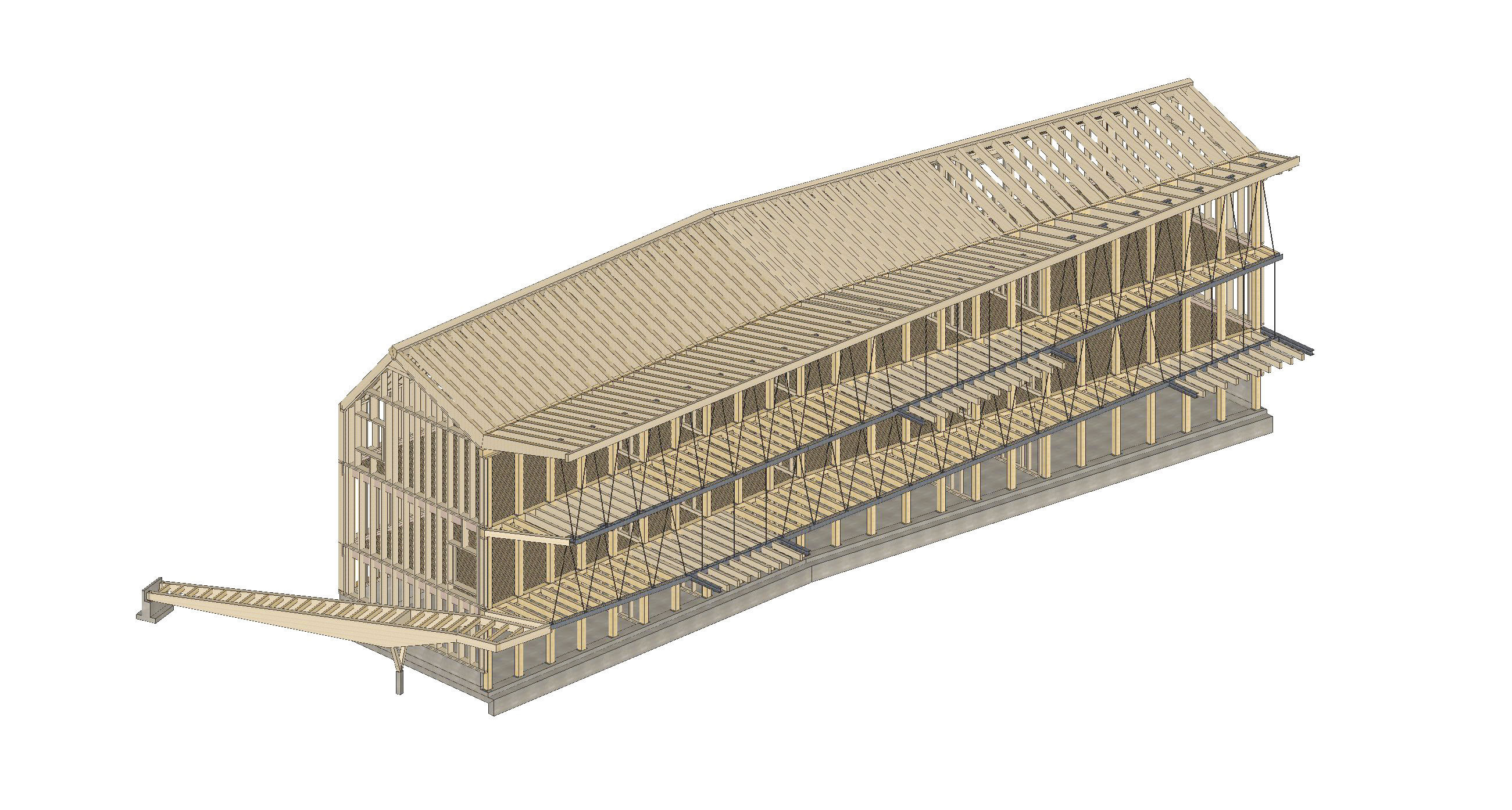 Structure porteuse. Jaune?: bois équarri, brun?: BLC, rouge?: BLC haute qualité, bleu?: acier