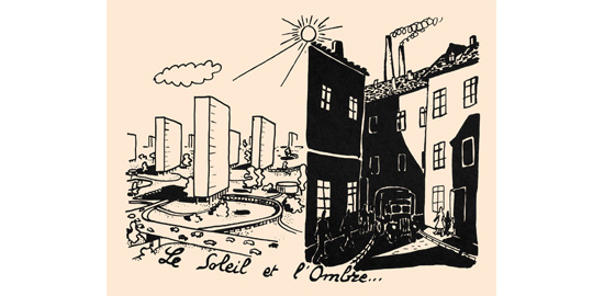 Adolf Bayer, dessin tiré d’une série illustrant la Charte d’Athènes, Urbanisme 1948