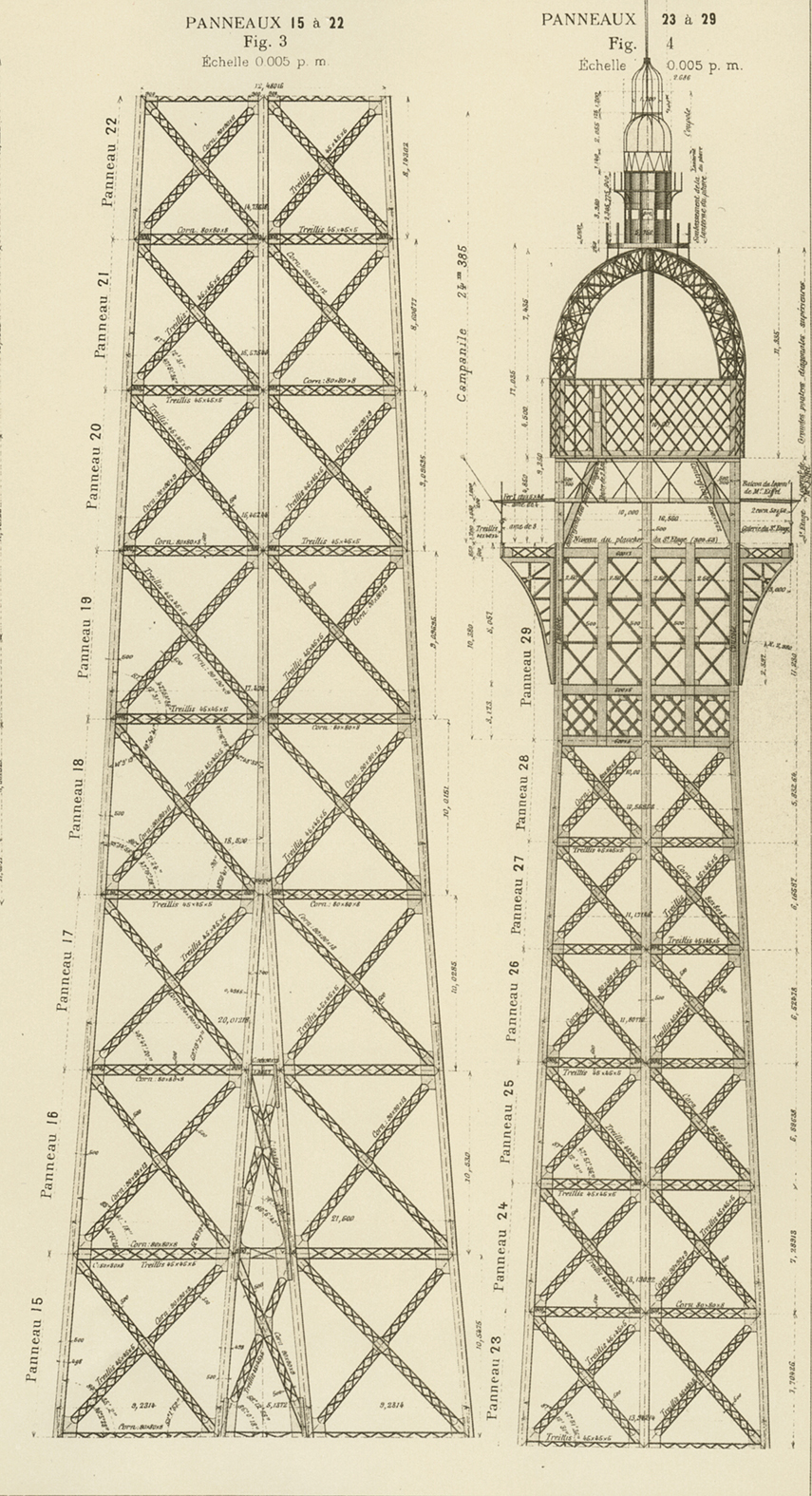 Plan de construction de l'entreprise Eiffel de la pointe de la tour. (Source: «La Tour de 300 mètres», Gustave Eiffel 1900, Lemercier Paris)