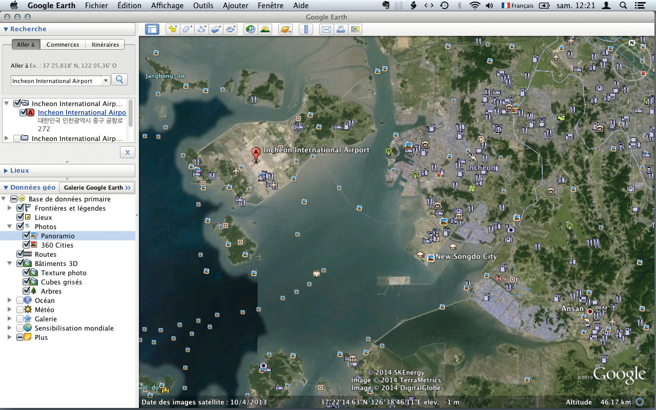 Vue aérienne de la ville de Songdo IBD et de l’aéroport d’Incheon, capture d’écran dans Google Earth