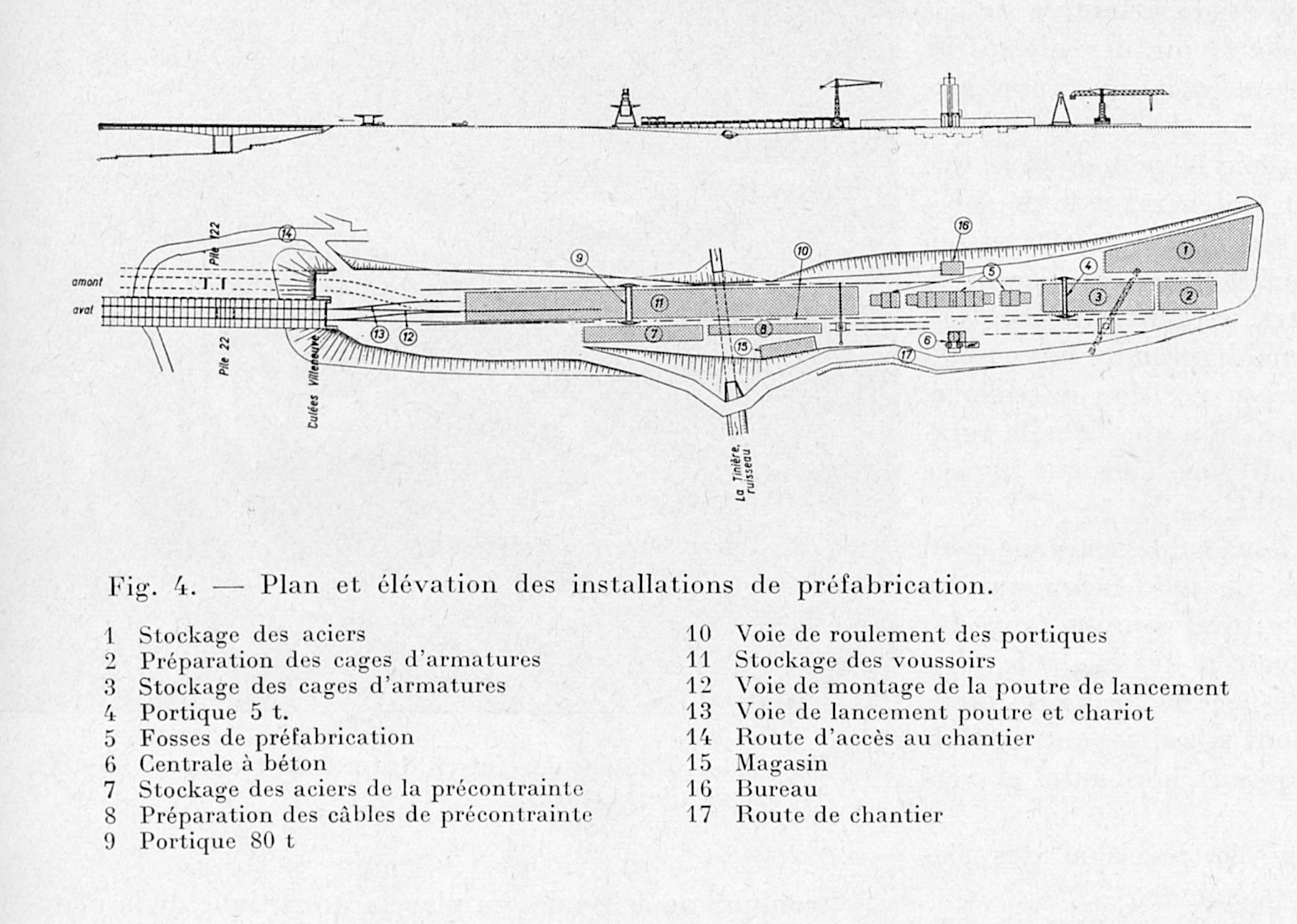 Plan et élévation des installations de préfabrication (MONOD-PIGUET + ASSOCIES IC S.A.)