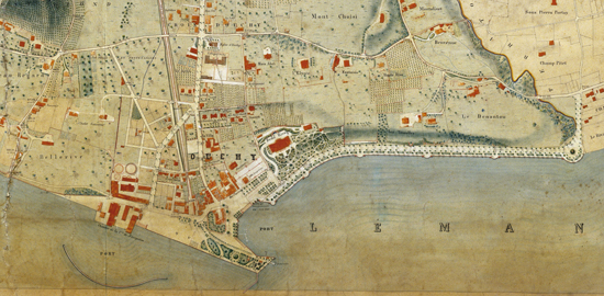 sanne?» établi en 1896, montrant d’ouest en est?: la place de dépôt de matériaux aménagée dès 1893, le port marchand décidé en 1887 et les ateliers de la CGN, le jardin anglais aménagé en 1884 à l’extrémité du quai de 1857-1859, le port de plaisance et enfin le grand quai dont le chantier vient de débuter.