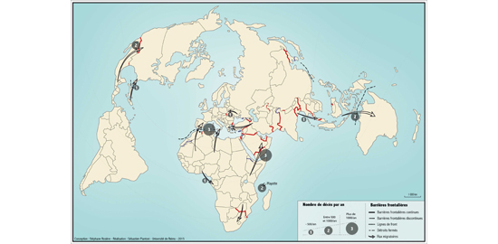 Les murs et barrières dans le monde, avec le nombre de décès par an (conception Stéphane Rosière?; ­réalisation Sébastien Piantoni - Université de Reims - 2015)