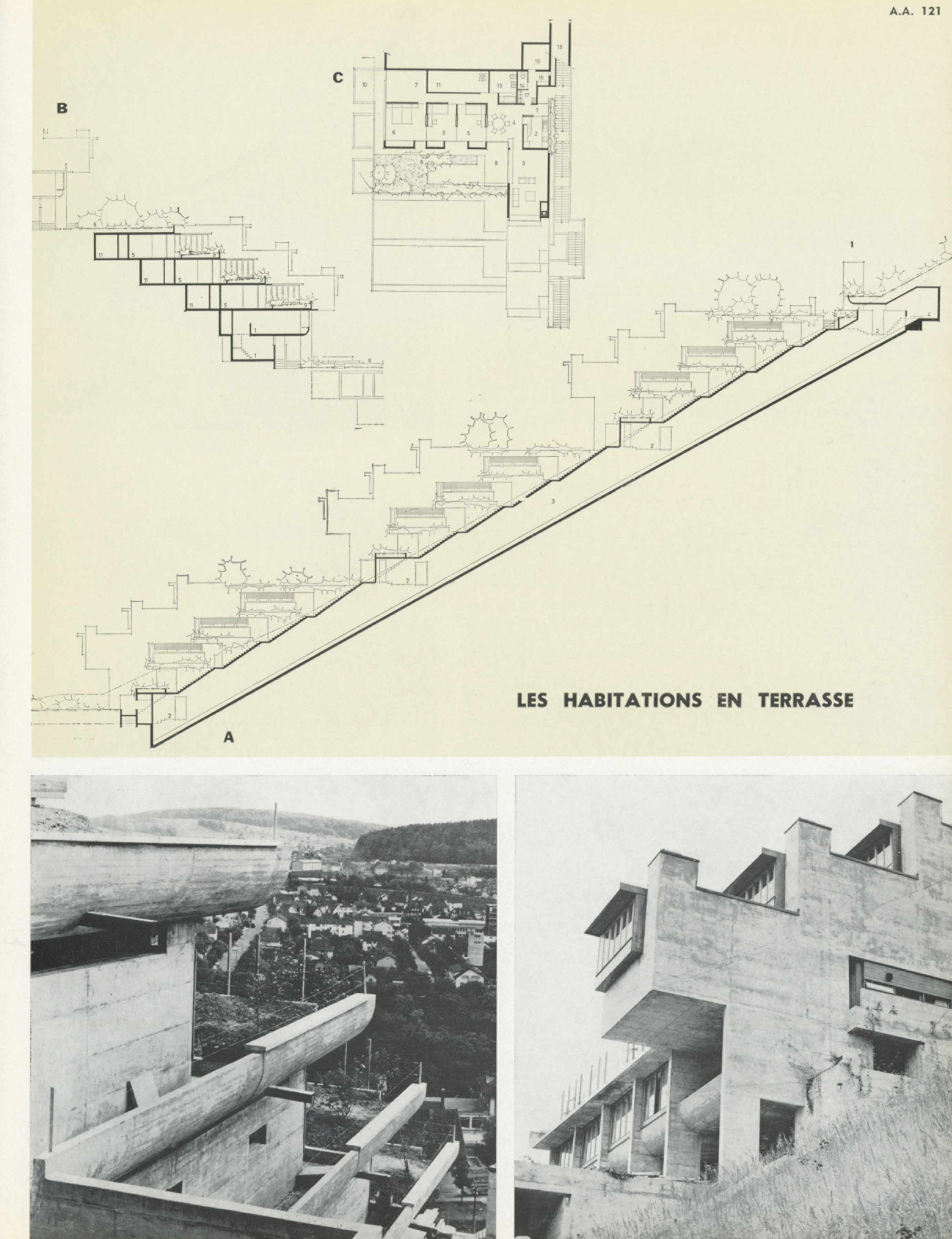 Team 2000, groupe d’habitations en terrasses Mühlehalde (1958) au Bruggenberg, présenté dans AA, n° 121, 1965