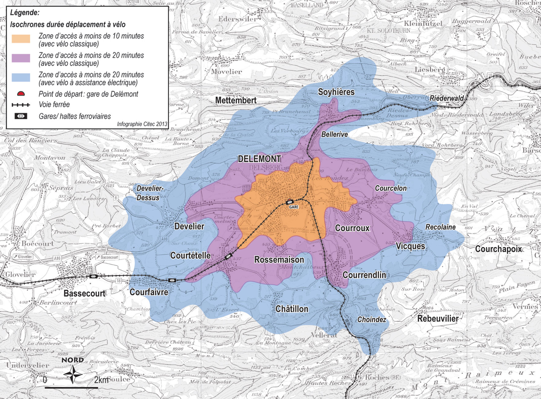 Zone d’accès à vélo (classique et électrique) depuis la gare de Delémont (guide «?mobilité de l’agglomération de Delémont?», janvier 2014?; carte réalisée par Citec)