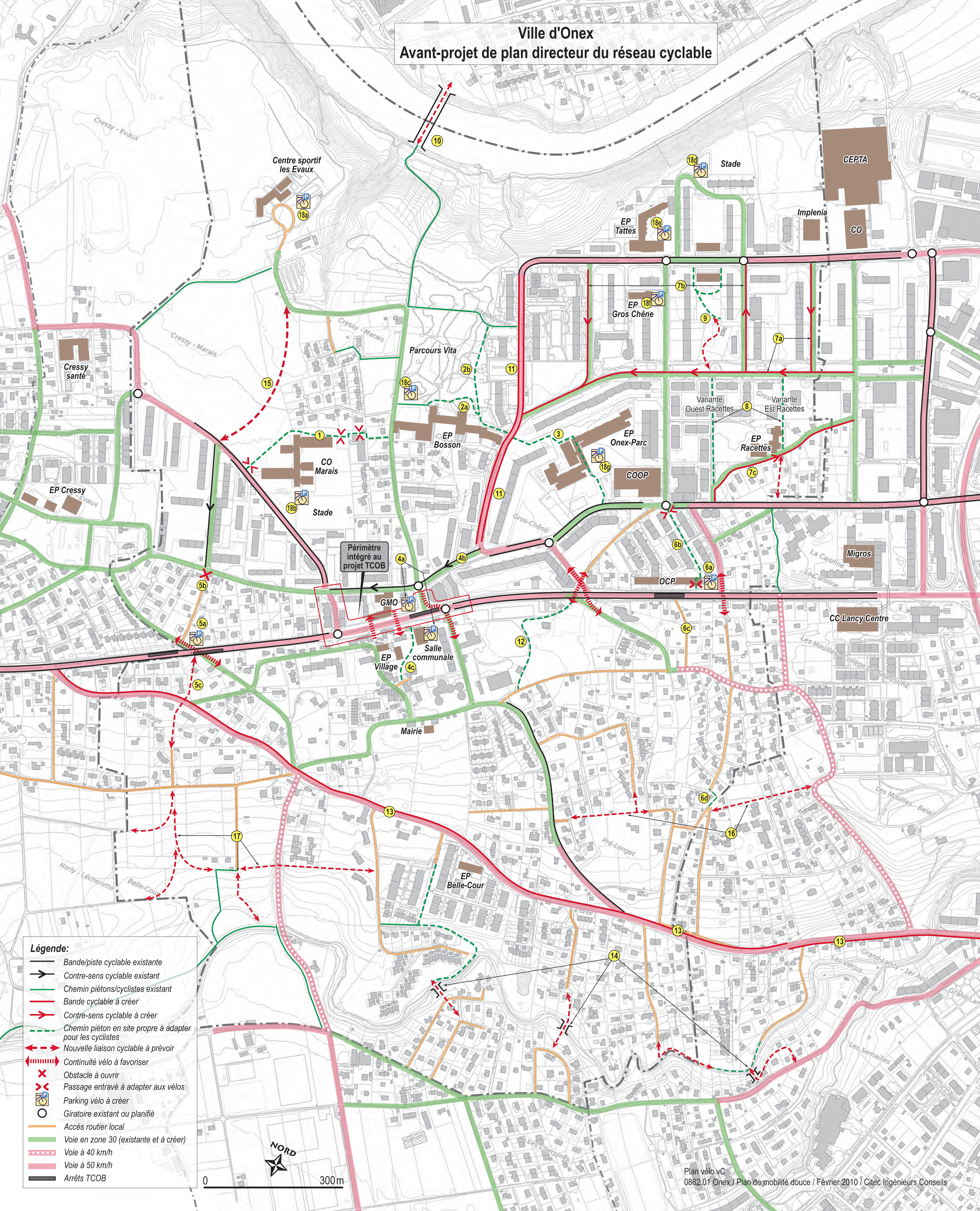 Avant-projet de plan directeur du réseau cyclable, Onex (Citec). Citec a aussi réalisé les plans directeurs pour la mobilité douce de Martigny et Gland.