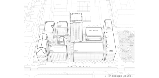 Ilot A3?: axonométrie Herzog &amp; de Meuron?; AFAA?; Christian Kerez?; Herzog &amp; de Meuron?; Manuel Herz Architekten?; Michel Desvigne?; Tatiana Bilbao SC