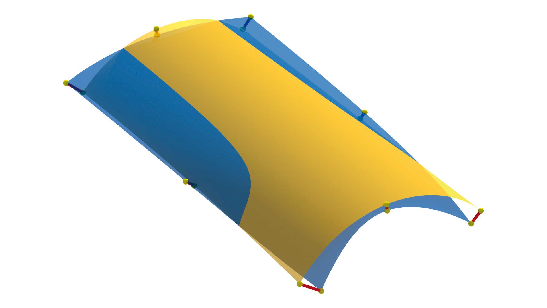 Vue d’un panneau à la courbure irrégulière exagérée (en bleu), superposé au cylindre circulaire (en jaune) le plus proche.