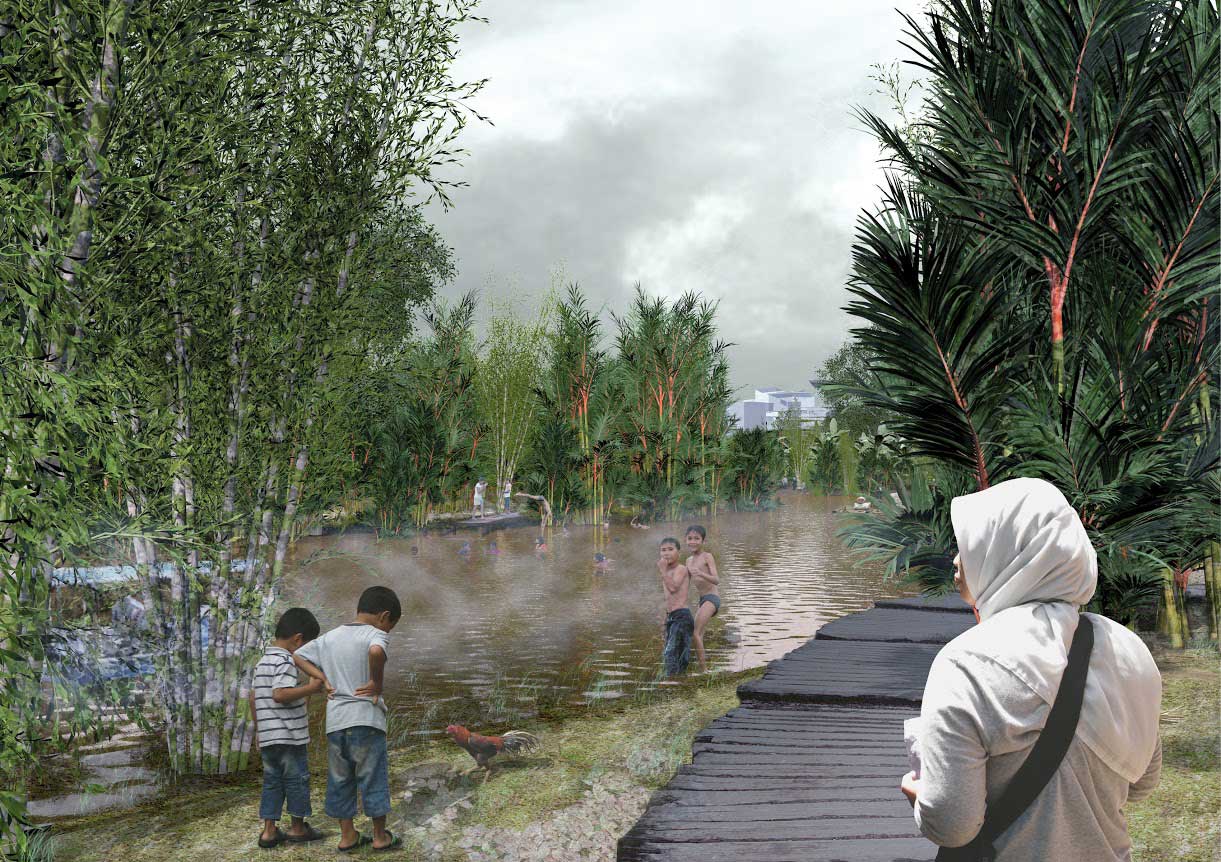 Vue du parc de Kampung, doté de structures sur pilotis surplombant les zones d’extension du lit fluvial. Les constructions sur pilotis sont des solutions couramment adoptées dans le Kampung Melayu, permettant aux résidents de s’adapter aux crues saisonniè