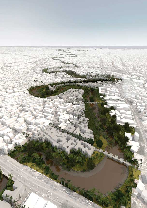 Vue aérienne en 3D de Kampung Melayu et du projet de conception autour du fleuve Ciliwung. La topographie étagée permet de ralentir la montée des eaux, en retenant l’eau dans une succession de cellules de stockage disposées le long du fleuve. Cette straté
