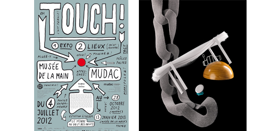 Affiche de l'exposition TOUCH (Atelier Poisson) et quelques créations d'Adrien Rovero photographiées par Olivier Pasqual