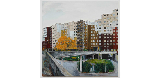 Yves Bélorgey, "Les Avanchets" - architectes: Steiger Partner AG, Benjamin Förderer, Franz Amrhein. 2011, 240 x 240 cm, huile sur Isorel. Coll. de l’artiste