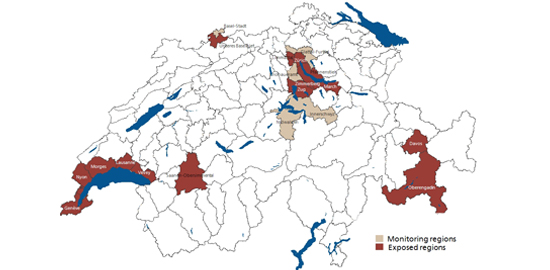 Carte des régions en danger selon L'indice Swiss Real Estate Bubble Index d'UBS, 3e trimestre