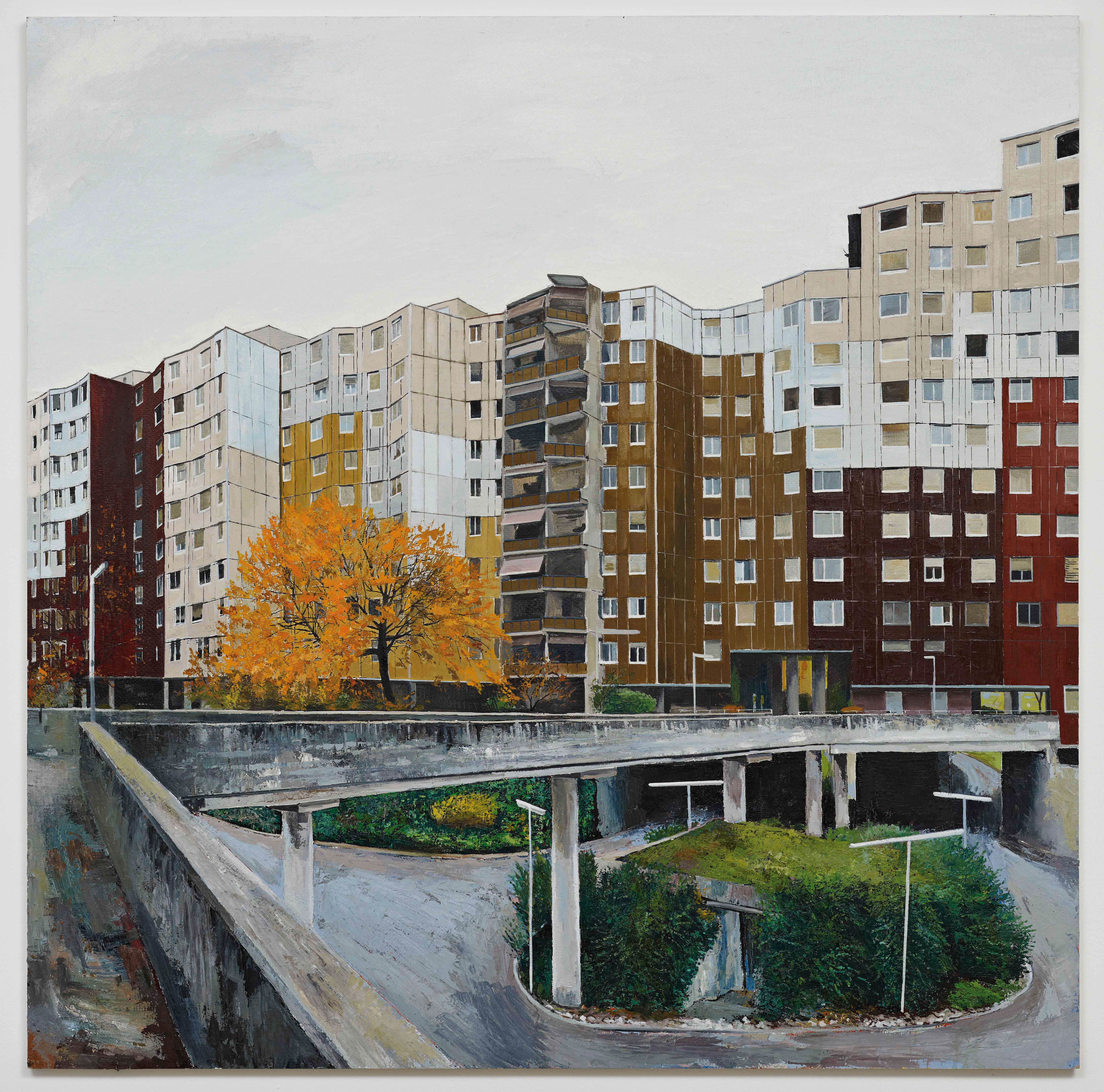 Yves Bélorgey, Les Avanchets, Architectes?: Steiger Partner AG, Benjamin Förderer, Franz Amrhein, 2011, 240 x 240 cm, Huile sur Isorel, Coll. de l’artiste