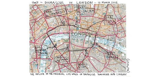 Plan de Londres sur lequel Bill Drummond a dessiné le contour des murailles de Damas, où la performance devait initialement avoir lieu