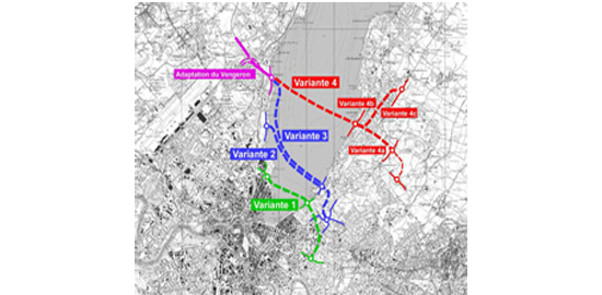 Depuis plus de dix ans différentes variantes ont été étudiées. Pour l'instant, les autorités publiques optent pour la traversée du Lac (variante 4), plus en phase avec le développement de l'agglomération franco-valdo-genevoise. Cette variante fait l'objet de différentes études techniques et urbanistiques.