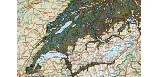 Capture d'écran du site http://map.geo.admin.ch, qui propose une carte indiquant précisément les lieux à risque.