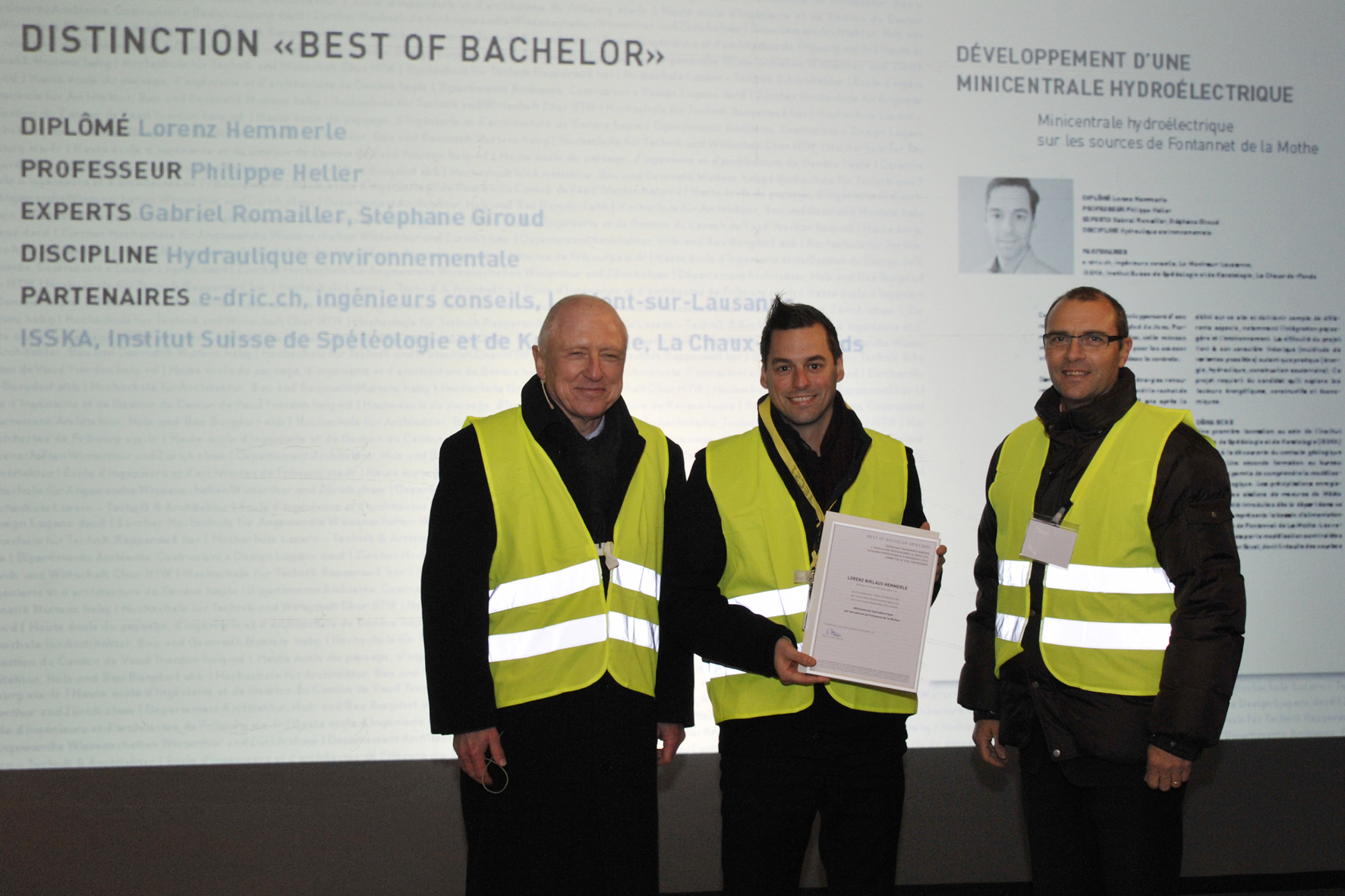 eia-fr, Fribourg: Fachschaftsleiter Prof. Dr. Anton Steurer, Sieger Lorenz Niklaus Hemmerle, Studiengangsleiter Prof. Alain Rime (Foto: Uwe W. Beier)