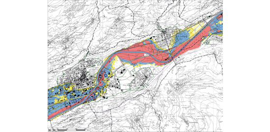 Zone de danger d’inondation du Rhône, entre Grône et Sion (Service des routes et des cours d’eau, DTEE, VS, 2011)