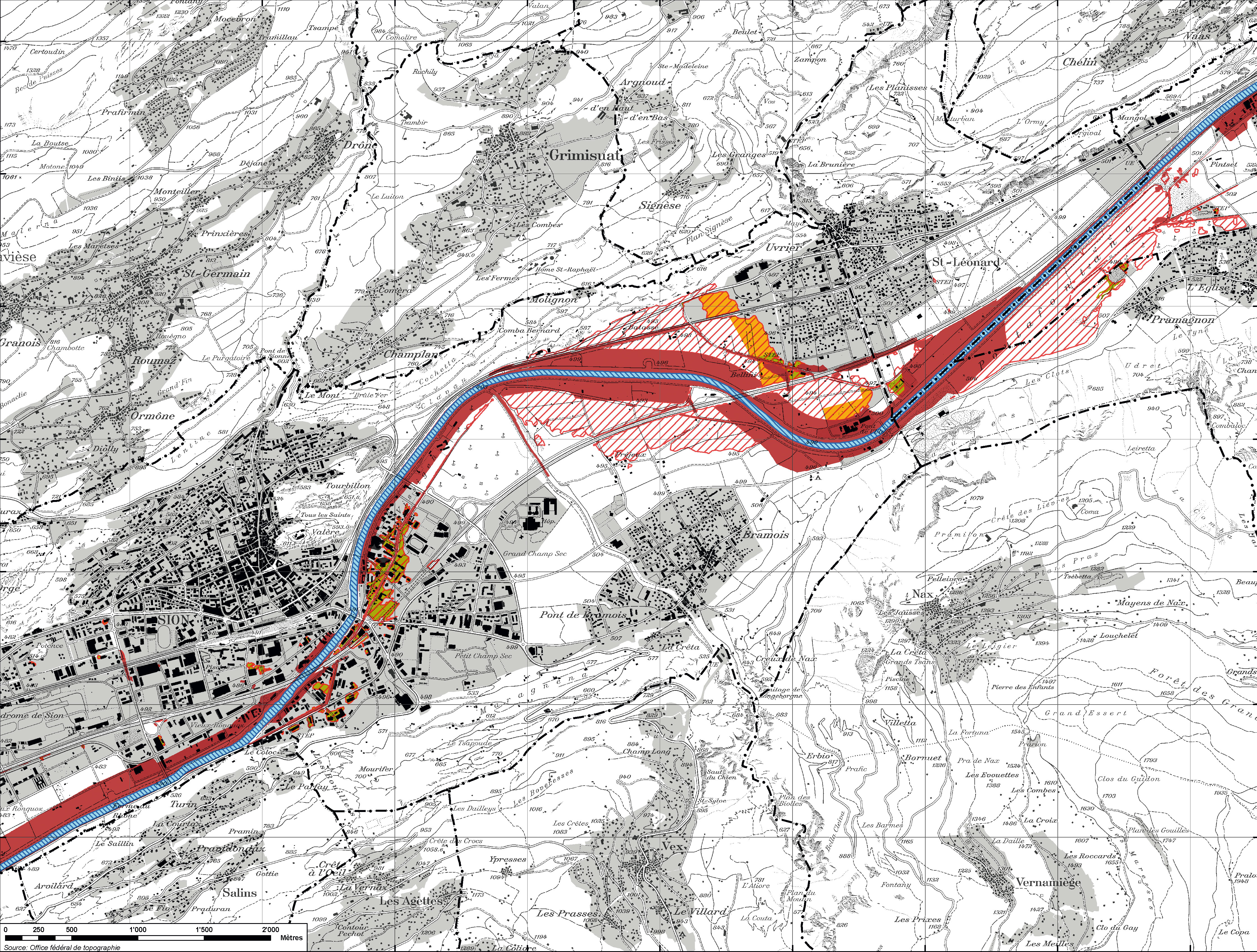 Zone de danger élevé et zone à bâtir entre Grône et Sion (Service des routes et des cours d’eau, DTEE, VS, 2011)