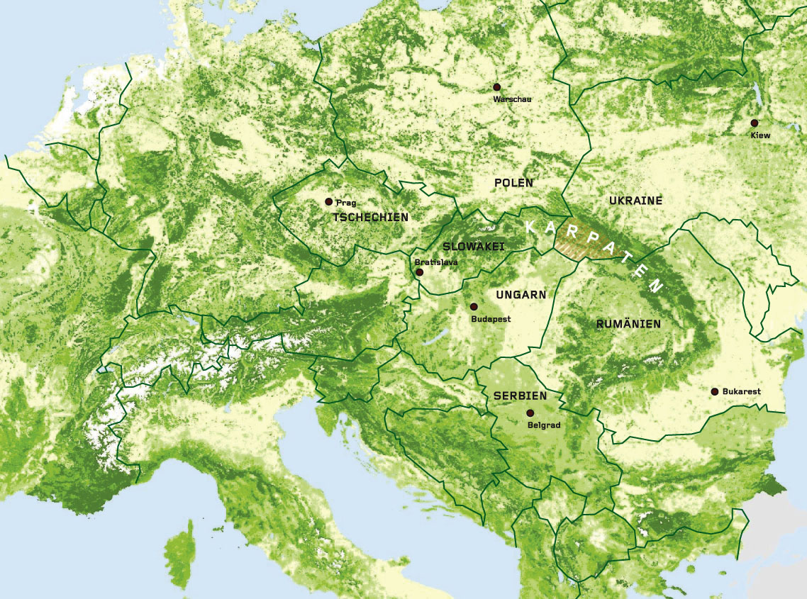 Die Abbildung zeigt die Lage der Karpaten in Europa (Karte: European Forest Institute)