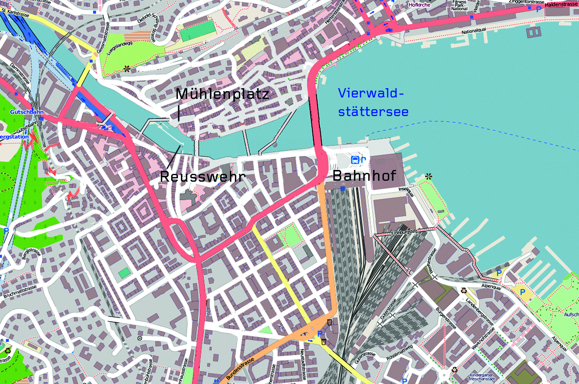 Plan der Luzerner Innenstadt mit Position der Spreuerbrücke (roter Kreis)