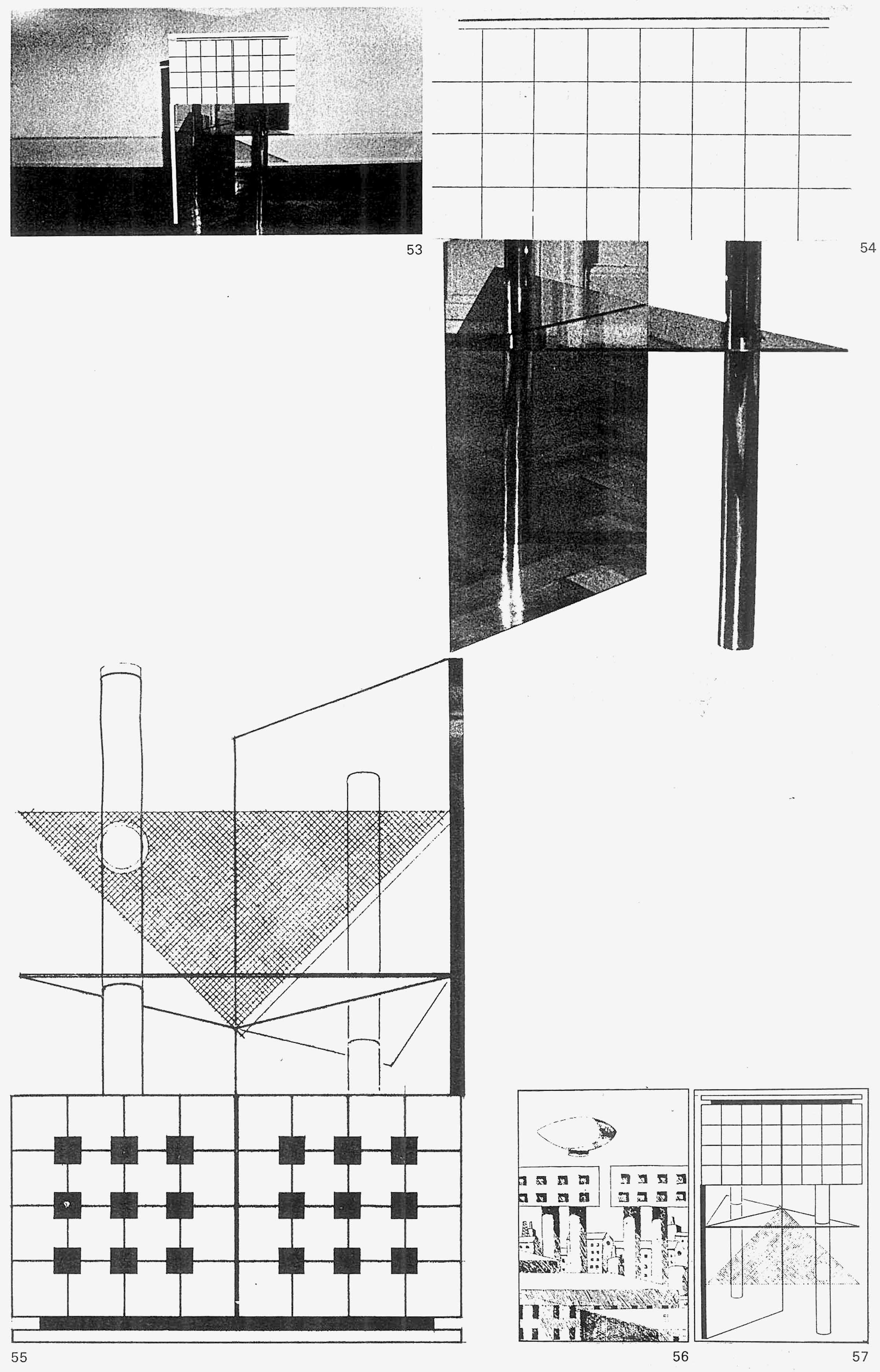 ionen zu Haus-Bar und Bar-Haus. Village Cry 3, 1977: Die Entwürfe sind aus Rossis Zeichnungen für «Die beiden Städte» (1973) beziehungsweise den 1973 fertiggestellten Wohnkomplex Gallaratese II abgeleitet