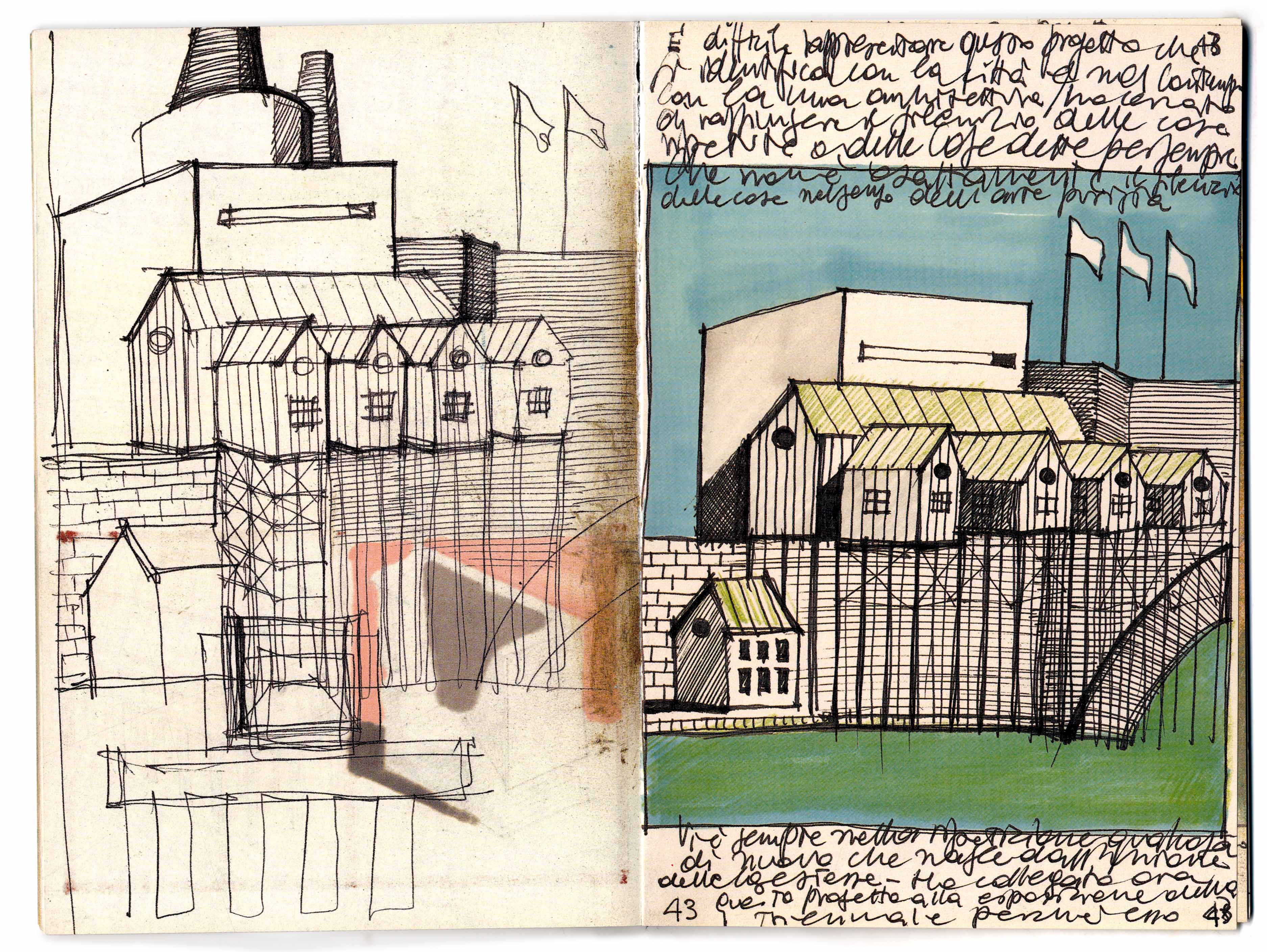 Aldo Rossi, Il libro azzurro, 1981, Rückseite Blatt 42 und Blatt 43?/?1, Skizzen zum Klösterli­areal Bern
