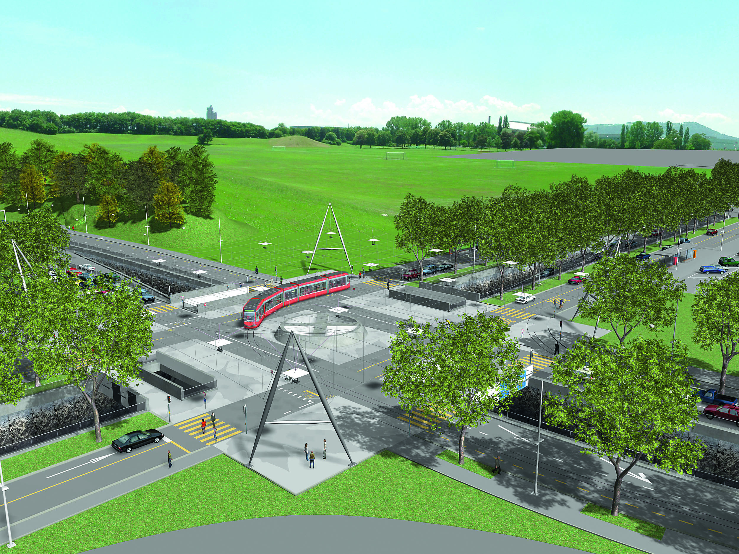 Visualisierung des neuen Wankdorfplatzes, Sicht Richtung unbebaute Allmend (Visualisierung: Mathys Partner Visualisierung)