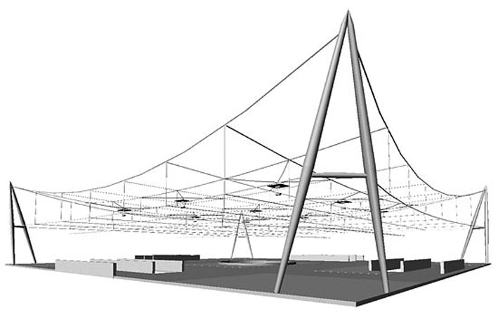 Die Beleuchtung wird an einem Seiltragwerk aufgehängt, das den Platz überspannt. Die Tramfahrleitungen werden auf einer eigenen Ebene geführt (Visualisierung: Team BE3)